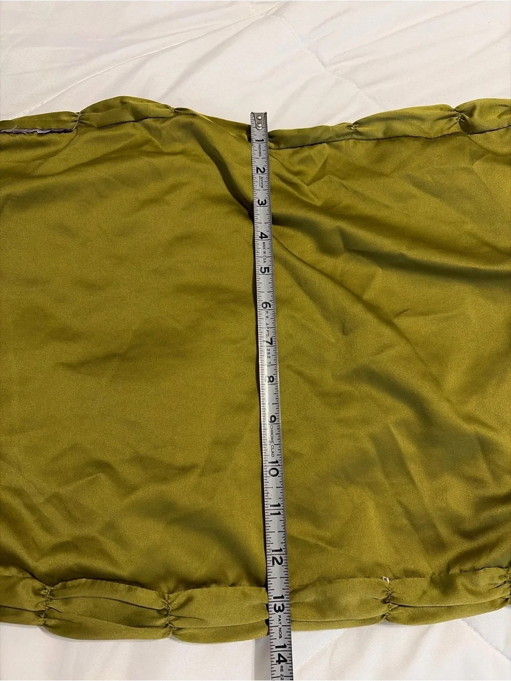 Olive Green Satin Feel Smocked Decorative Pillow with Velvet Corner Ties